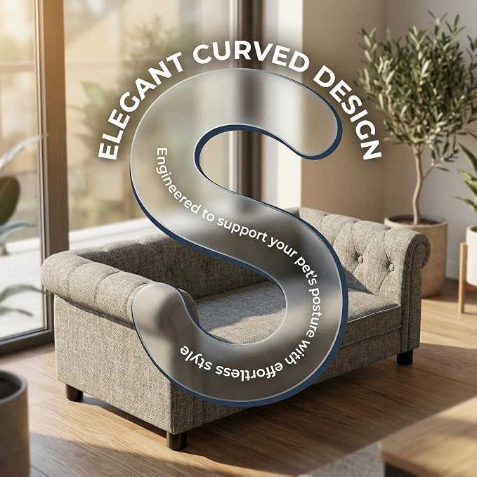 38.9" Upholstery Elevated Dog Sofa with Button‑Tufted Backrest & Rolled Armrests, Pet Couch Bed with Removable Soft Cushion, Comfy Modern Deep Seat Raised Dog Bed for Living Room, Bedroom, Light Grey