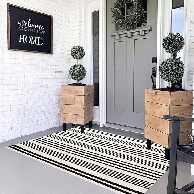 BUAGETUP Black and White Outdoor Rug 3'x 5' Cotton Woven Washable Rug Striped Front Porch Rug Area Rug Floor Mat for Farmhouse/Layered Door Mats/Living Room