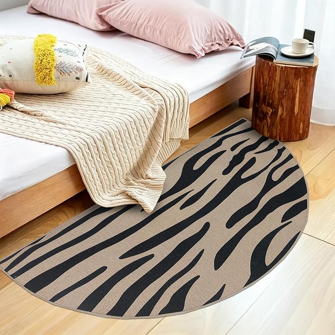 Easy Jute Rug 2.6x5Ft Half Round Zebra Stripe Carpet for Farmhouse Bedroom Entrance, Nonslip Half Circle Thin Neutral Floor Mat for Living Room Patio Kids Room Kitchen, Indoor Outdoor, Black 5
