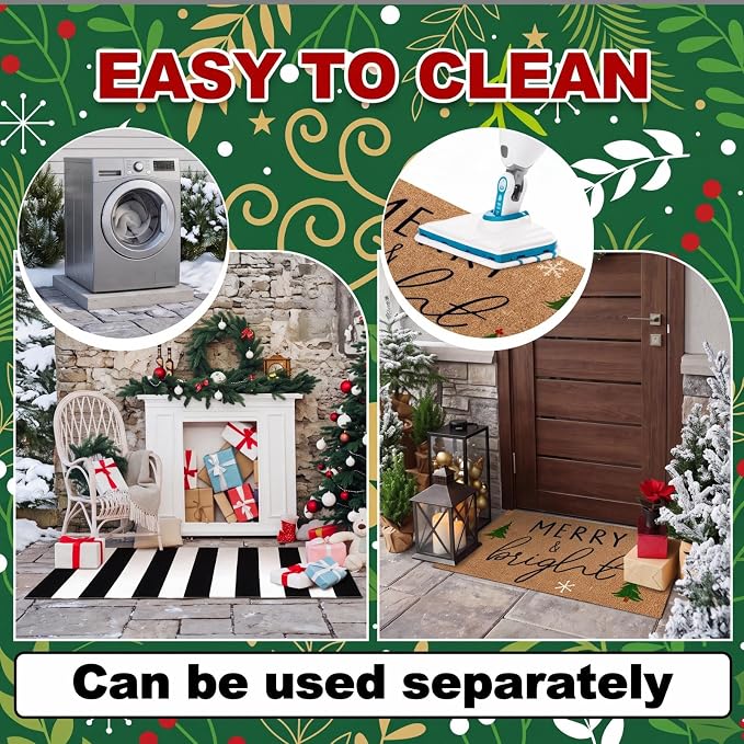 Moucuny 2 Pcs Christmas Door Mat Outdoor Merry Christmas Nature Coir Welcome Outdoor Rug Black White Stripe Xmas Front Porch Rugs Non Slip Floor Mats Entrance Decor