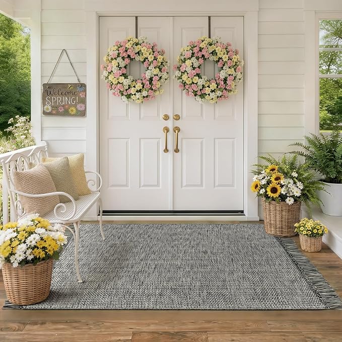 Collive 3' x 5' Indoor Outdoor Rug, Modern Farmhouse Entryway Rug Boho Porch Rugs, Grey Hand-Woven Washable Kitchen Mats Braided Front Door Mat for Patio Bedside Nursery Decor