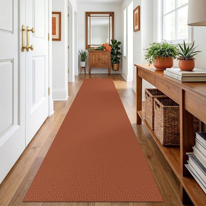IOHOUZE Washable Runner Rug 2.6x12 Non Slip Rubber Backed Extra Long Hallway Runner Entryway Runner Indoor, Kitchen Rugs Woven Cotton Floor Carpet for Hall Entrance, Burnt Orange/Tan