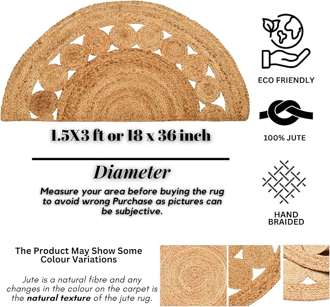 Boho Braided 1.5x3 Area Rug - Jute Natural Fiber Half Circle Rug for Living Room Entryway, Farmhouse, Home, Indoor Rugs Jute Door mat for Bathroom (Natural Dot, 1.5 X 3 ft)
