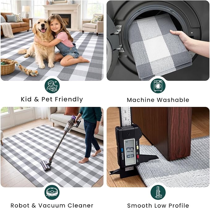 KOZYFLY Buffalo Plaid Area Rugs 3x5 Grey and White Washable Front Door Mat Woven Cotton Indoor Outdoor Rug for Front Porch Kitchen Entryway Patio Farmhouse Checkered Doormat