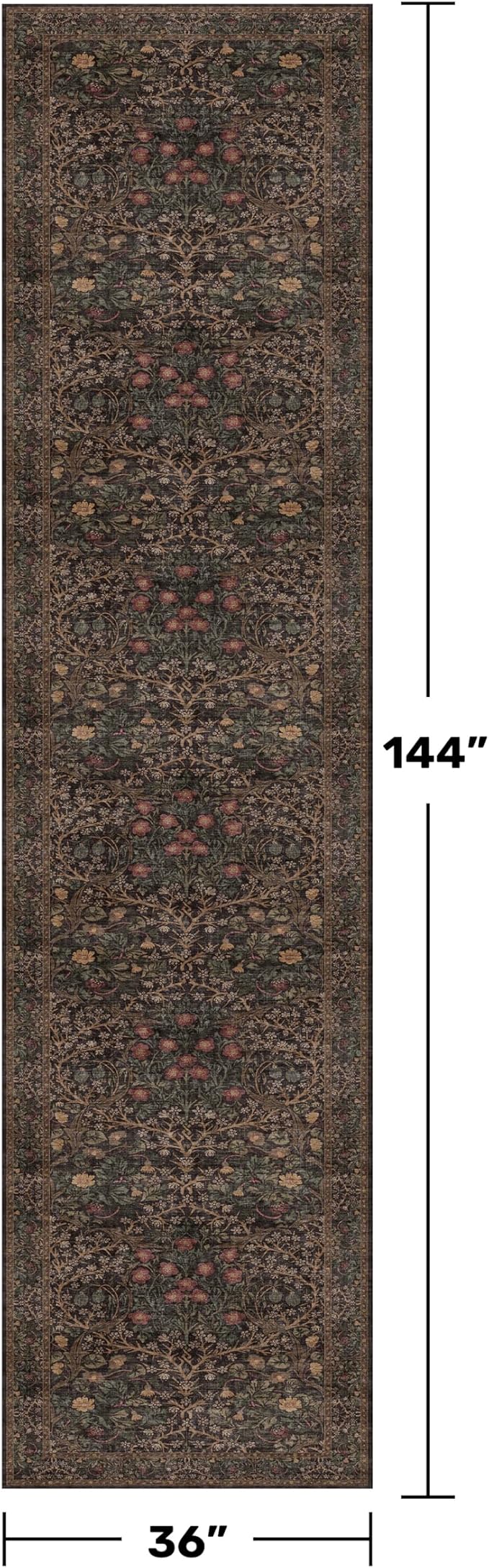 Hazo Haus Dark Brown Boho Washable 3x12 Extra Long Runner Rug for Hallway, Water Resistant Extra Long Runners for Large Kitchen, Non-Slip Stain & Fade Resistant, Vintage Natural Floral Décor
