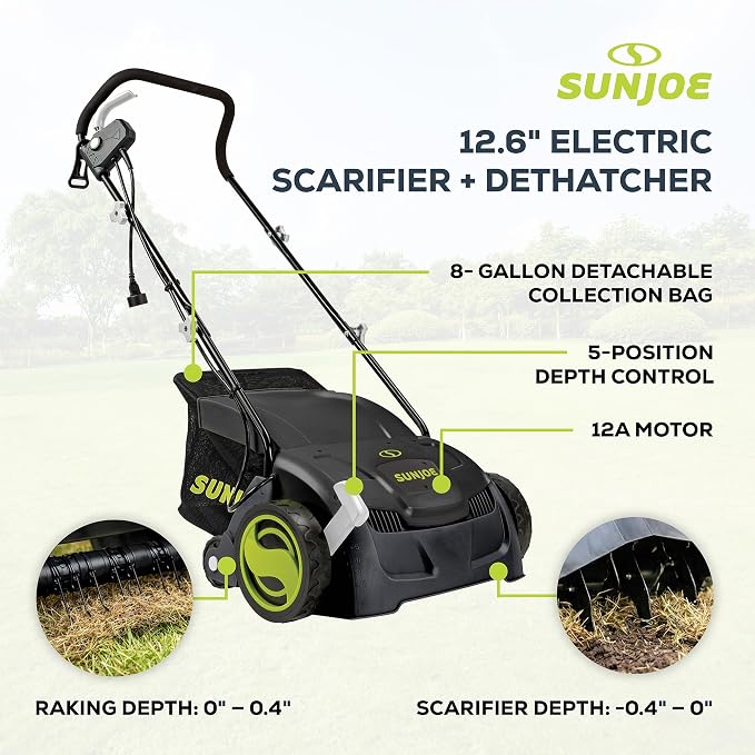 Sun Joe Electric Dethatcher & Scarifier, Corded, with 8-Gal Bag, 12.6-Inch Cutting Width, 12-Amp Motor - Heavy-Duty Yard Trimmer for Lawn Maintenance, AJ801E | 12.6-Inch Cutting Width, 12-Amp Motor - Heavy-Duty Yard Trimmer for Lawn Maintenance