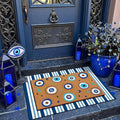 Tinideya 2 Pcs Blue Evil Eye Layered Doormat Set, Boho Evil Eye Doormat with Blue White Striped Rug, Mediterranean Porch Decor for Entryway Patio Outdoor