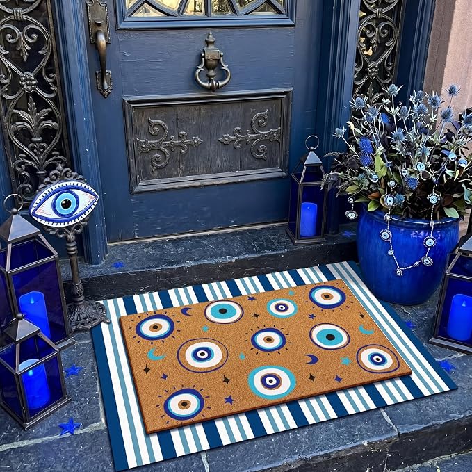 Tinideya 2 Pcs Blue Evil Eye Layered Doormat Set, Boho Evil Eye Doormat with Blue White Striped Rug, Mediterranean Porch Decor for Entryway Patio Outdoor