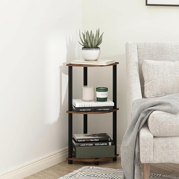 Furinno TURN-N-TUBE Corner Shelf, 3-Tier Corner Bookshelf, Display Storage Shelves, for Organization and Storage, Living Room, Home Office, Garage, Walnut