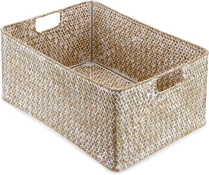 Hipiwe Wicker Storage Basket Bin X-Large Rectangular Opened Baskets Box | Handwoven Seagrass Basket Box with Handle for Shelf Organizing Closet Bathroom, 15.7" L x 11.8" W x 7.5" H