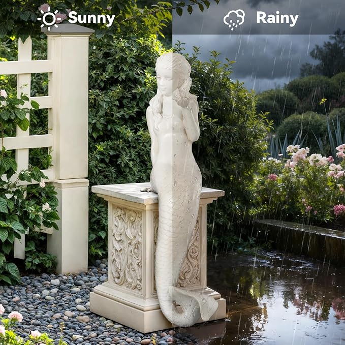 Large Mermaid Garden Statue, 25.6 in DIY Outdoor Sculpture Figurines | Pretty Lawn & Patio Decor, Antique White, Durable Weather-Resistant Finish Magnesium Oxide Stone