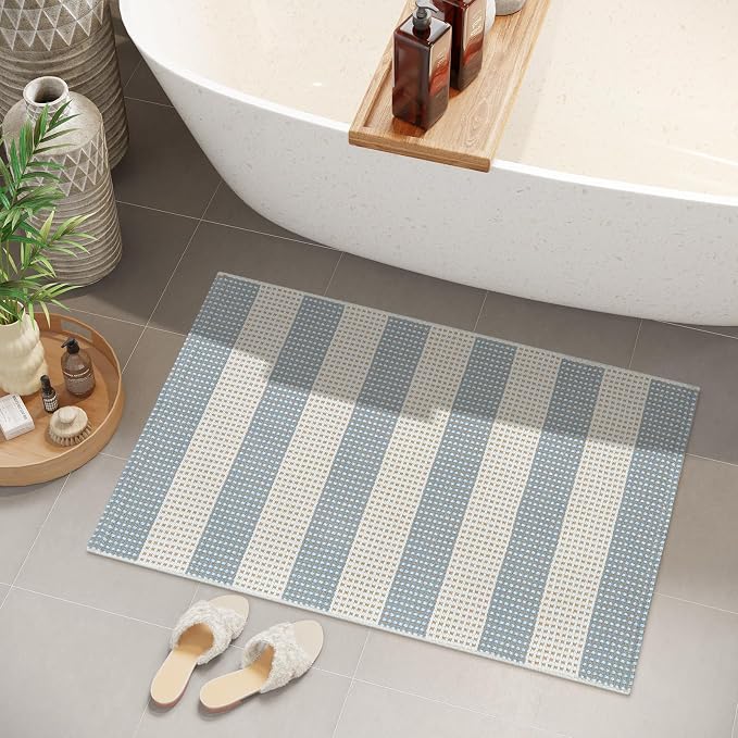 Blue and Cream Striped Rugs 2'x3', Washable Hand Woven Front Door Rug, Outdoor Welcome Mat Foldable Front Door Mats for Entryway Outside Home Entrance Farmhouse