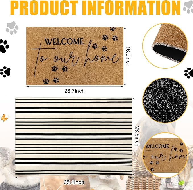 Tinideya 2 Pcs Pet Theme Door Mat Paw Welcome Non Slip Coir Mats Dog Cat Floor Layering Doormats Seasonal for Front Porch Entryway Decor(PET)