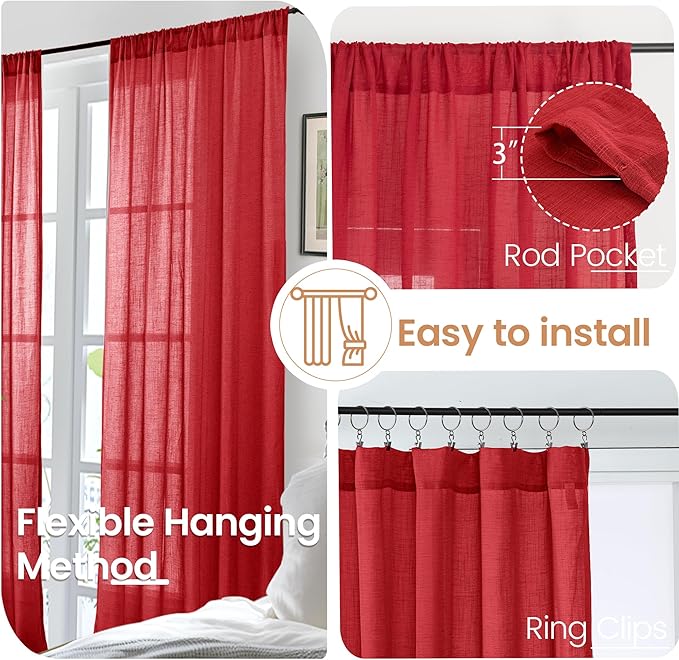 BGment Red Linen Kitchen Curtains Window Over Sink, Short Semi Sheer Drapes with Rod Pocket Lightweight for Cafe Bathroom Windows, 2 Panels Set, Each 30 Inch Wide