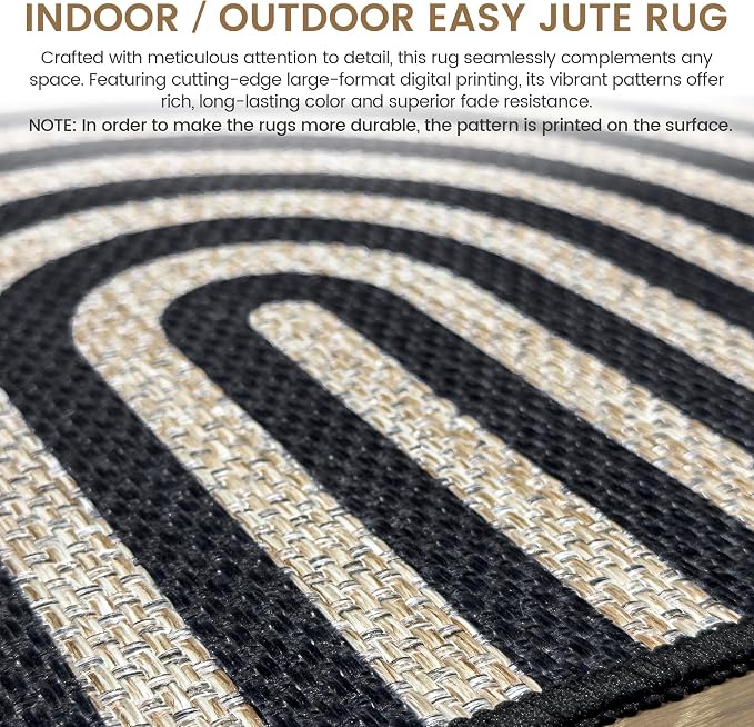 Washable Rainbow Easy Jute Rug 3x5, Black Outdoor Indoor Patio Modern Geometric Neutral Small Rugs, Woven Non Slip Thin Carpet Mat for Living Bedroom Entryway Front Door Farmhouse Doorway Kids