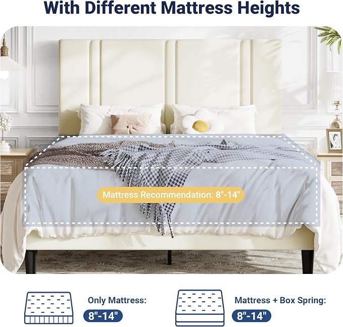 Allewie Queen Platform Bed Frame with Adjustable Headboard | Plush Velvet Upholstered, Vertical Channel Tufted, Sturdy Wood Slats, No Box Spring Needed, Easy Assembly, Cream