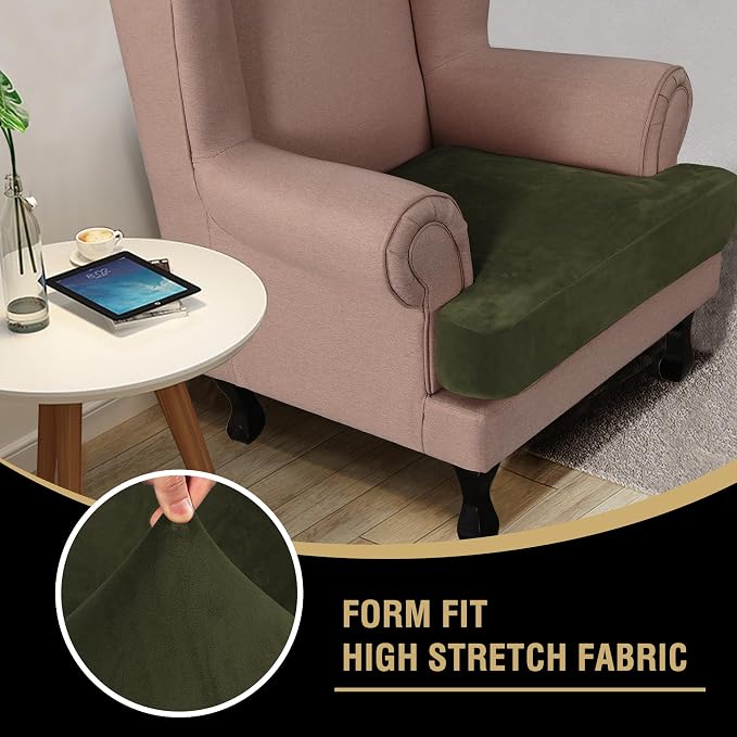 H.VERSAILTEX Stretch Velvet T Cushion Chair Covers for Living Room Armchair Sofa Cover Couch Cover Slipcover T Cushion Seat Cover (Armchair, Olive)