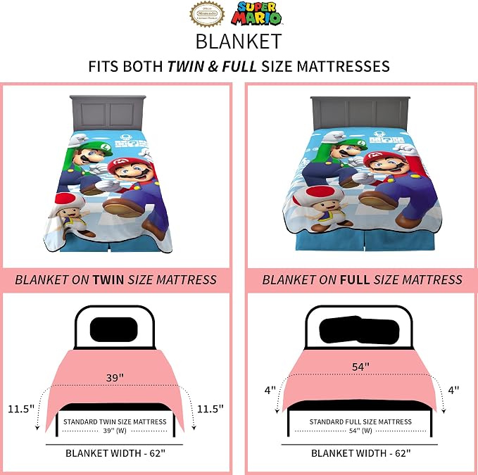 Franco Kids Bedding Super Soft Plush Micro Raschel Blanket, 62 in x 90 in, Mario
