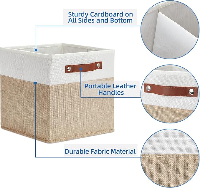Temary Fabric Storage Cubes Bins, 11 inch Cube Storage Baskets, Foldable Cube Bins Set with Handles, Decorative Storage Boxes for Home Organizing (White & Khaki, 11 x 11 x 11)