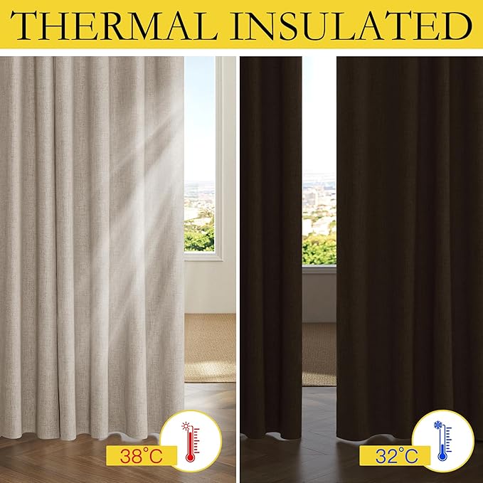 NICETOWN Oatmeal Bedroom Full Blackout Linen Curtain Panels Set of 2, 52" by 72", Thick Insulated Classic Grommet Blackout Draperies with White Thermal Insulated Liner for Windows