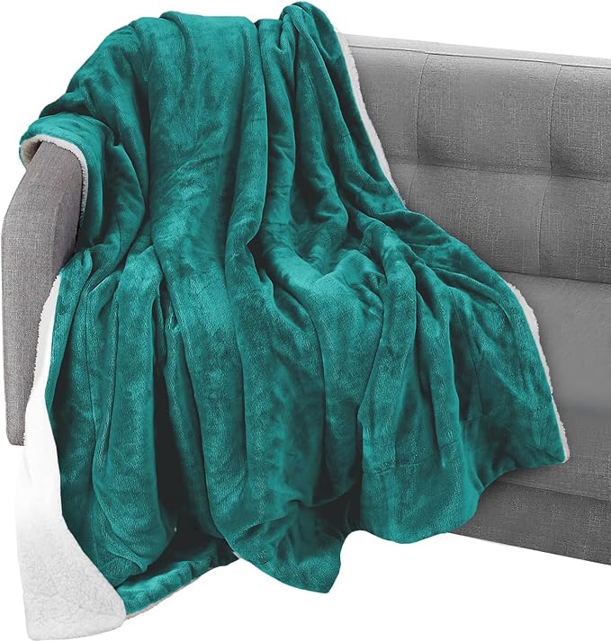 Elegant Comfort Throw Blanket, Reversible Sherpa Flannel, Ultra-Soft, Fuzzy, Cozy and Plush- All Season Lightweight Decorative Throw, 50 x 60 inches, Solid Sherpa Throw, Turquoise