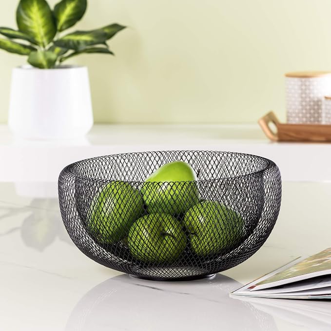 Torre & Tagus 11 Inch Black Double Wall Wire Mesh Metal Decorative Bowl, Modern Fruit Bowl Basket for Kitchen Island, Dining Room Table, Entryway Console, Great Room Accent Table, Home Office Decor