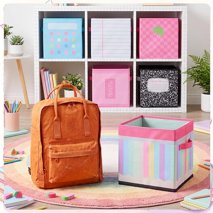 Kathfly 6 Pcs 11" Back to School Pastel Fabric Classroom Storage Bins Cubby Bins Storage Baskets with Handles for School Classroom Lost and Found Decor Office Home Organizer Supplies