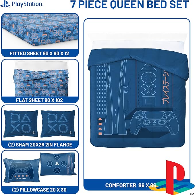 Jay Franco Kids Bed Set, Blue, PlayStation, 7 Piece Queen | Cozy Soft Bedding for Stylish Room Décor with Comforter, Sheets & Pillow Covers