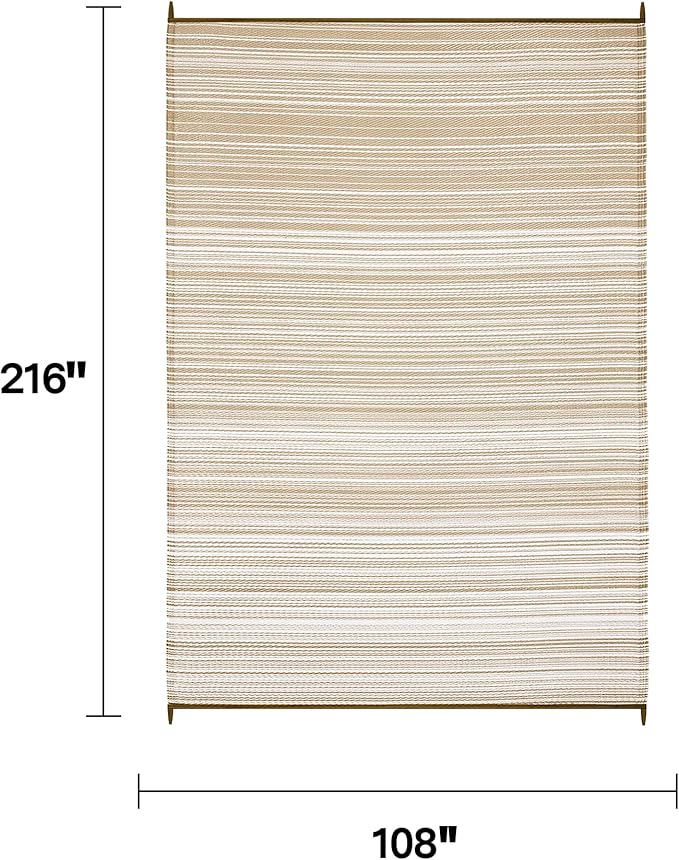 FH Home Outdoor Camping Rug - Waterproof, Fade Resistant, Reversible - Premium Recycled Plastic - Striped - Large Patio, Deck, Sunroom, RV - Havana - Beige - 9 x 18 ft Foldable