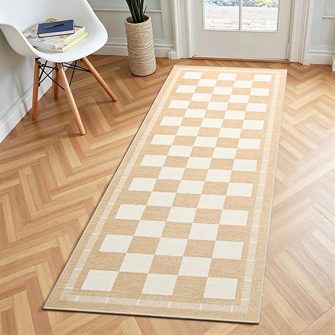 Vasofe 2x6 Runner Rug for Hallway, Checkered Jute Runner Rugs, Washable Rug | Outdoor Indoor Patio Porch Balcony Bedroom Kitchen Laundry Geometric Mat, Non Slip Plaid Farmhouse Carpet, Khaki and White