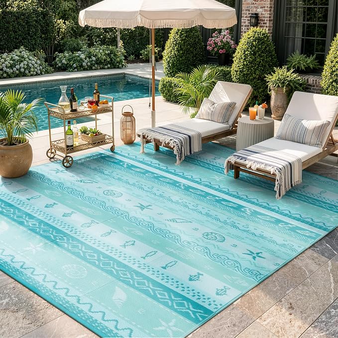 Lahome Outdoor Rug Waterproof, 6x9 Reversible Outdoor Plastic Straw Rug for Camping, RV Patio Rugs Large Carpet for Porch Deck Backyard Balcony Picnic(Blue/Multi,6'x 9')