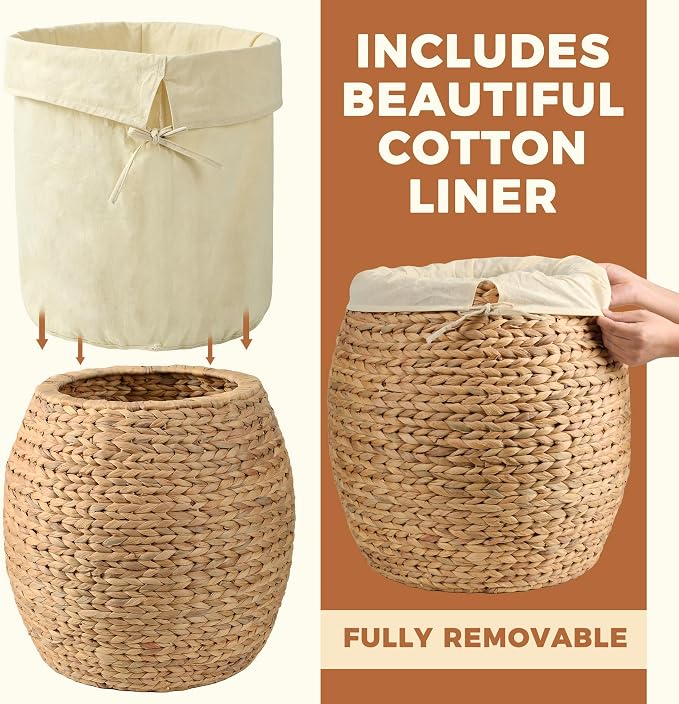 Storage Standard Wicker Basket with Lid Decorative Storage - Large Blanket Basket for Living Room, Plants, Organization, Handwoven Water Hyacinth Material w/Removable Cotton Liner & Tall Round Design