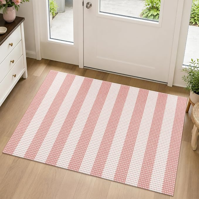 Rugalia Washable Woven Indoor Outdoor Doormat, 2x3 Pink Striped Cotton Entryway Rug Low Pile Non-Slip Small Kitchen Rug, Modern Natural Farmhouse Throw Carpet for Porch Bathroom Bedroom