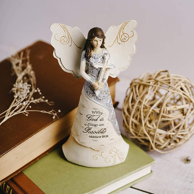 Pavilion - Elements Faith Angel Figurine - 6-1/2-Inch, Holding Cross, Inscription with God All Things are Possible