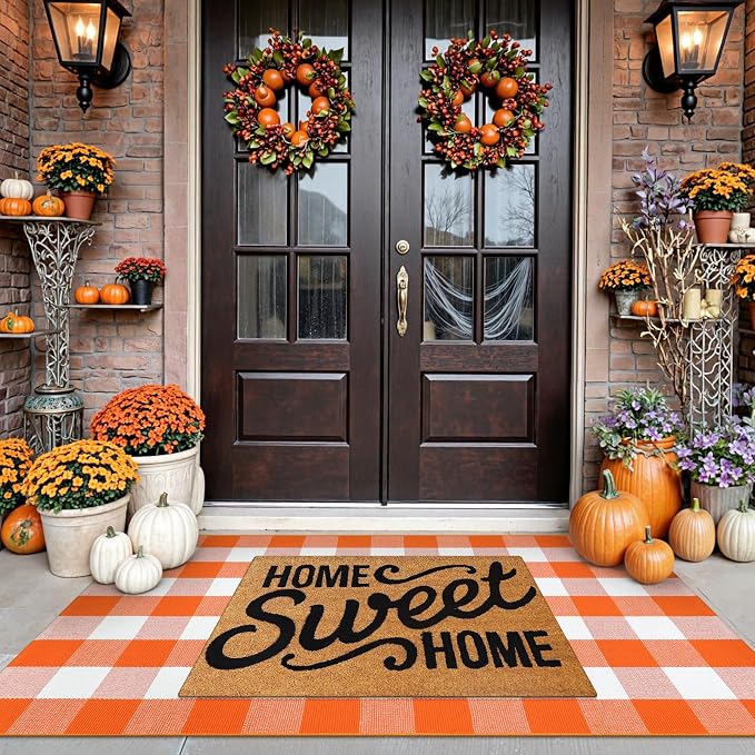 Uphome Bufflo Plaid Outdoor Rug 3'x5', Fall Decor Checkered Front Door Mat, Indoor Outdoor Farmhouse Porch Rug for Layered Door Mats, Washable Halloween White/Orange Area Rugs for Patio Entryway
