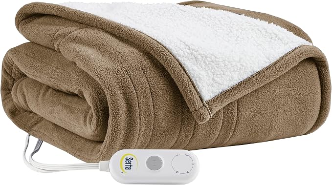 Serta Heated Electric Throw - Reversible Fleece Heating Blanket,Stone Brown | Dual-Layer Heated Throw Blanket With 5 Heat Settings & Auto Shut Off, Machine Washable, ETL Certified