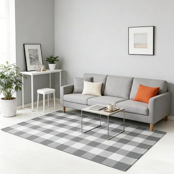 Gray and White Buffalo Plaid Rug 3' x 5', Washable Farmhouse Non-Slip Checkered Doormat, Indoor Outdoor Floor Mat for Living Room, Bedroom, Entryway, Kitchen, Laundry Room, Patio, Porch