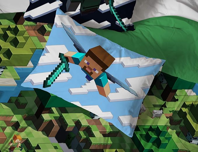 Minecraft Creeper Queen Comforter Set 7 Piece Kids Bedding for Boys, Green | Video Gaming, Bed in a Bag, Comforter Sheets Shams Pillowcases, Official Product, Microfiber, Machine Washable, Boys Gift