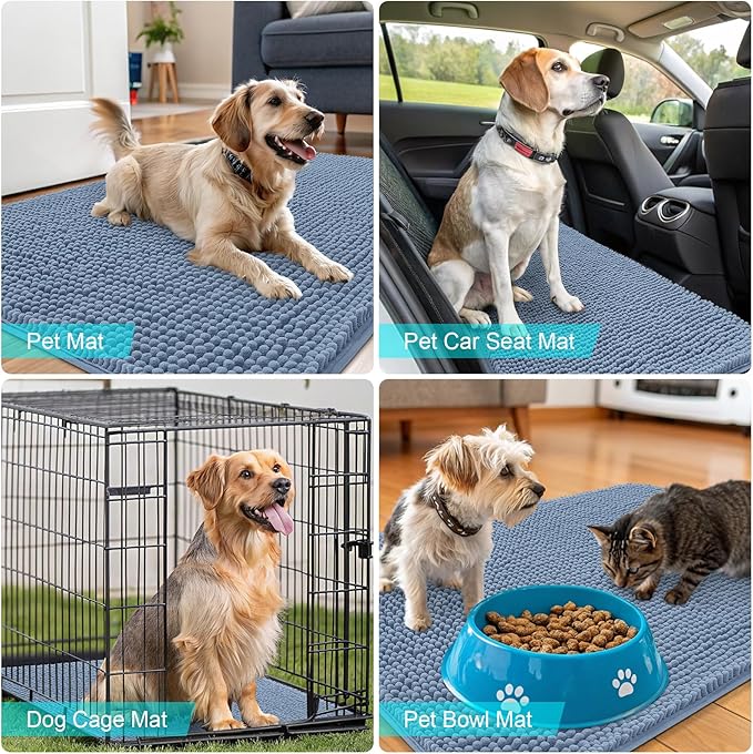 OLANLY Dog Door Mat for Muddy Paws 44x24, Absorbs Moisture and Dirt, Absorbent Non-Slip Washable Doormat, Quick Dry Chenille Mud Mat for Dogs, Entry Indoor Entryway Carpet for Inside Floor, Airy Blue