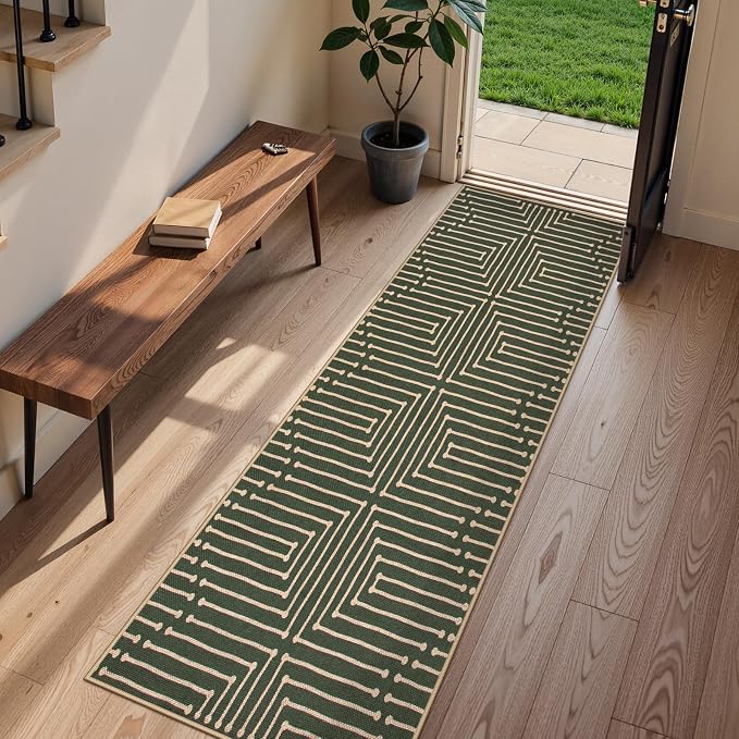 Lahome Maze Line Green Kitchen Runner Rug, 2x8 Outdoor Easy Jute Runner Rug | Nature Non Slip Indoor Outdoor Front Door Carpet for Hallway Entry Laundry