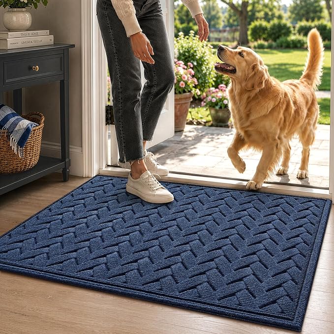 DEXI Front Door Mat Outside Entrance, 2x3 Heavy Duty Entry Doormat Dirt Trapper with Rubber Back, Non Slip Low Profile Floor Mats for Entryway Exterior Patio, Wave Navy