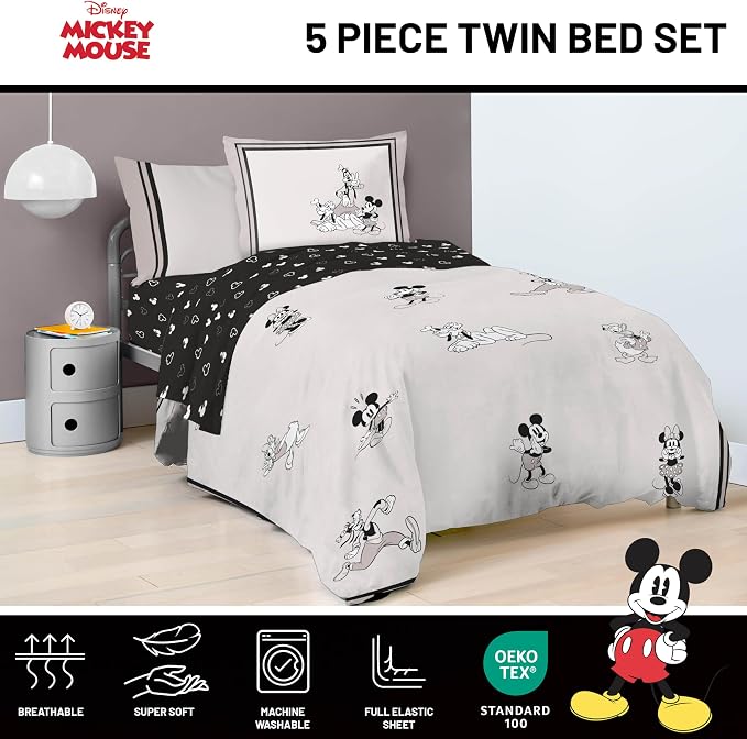 Disney Mickey Mouse and Friends Twin Comforter Set 5 Piece Bedding, Beige | Minnie Donald Goofy, Bed in a Bag, Comforter Sheets Sham Pillowcase, Official Product, Soft Microfiber, Machine Washable