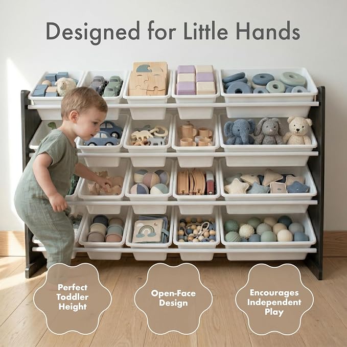 Humble Crew Kids Toy Organizer with 20 Bins, 4 Tier Storage for Playroom | Sturdy wood and steel toddler shelf, removable BPA-free containers, wall anchor anti-tip safety kit for bedroom or classroom