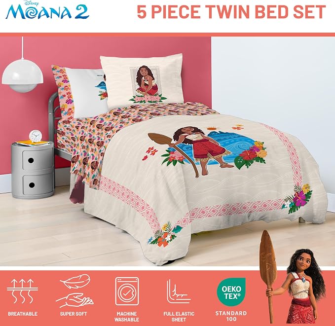Disney Moana Twin Comforter Set 5 Piece Kids Bedding for Girls, Beige | Bed in a Bag, Comforter Sheets Sham Pillowcase, Official Brand, Soft Microfiber, Machine Washable, Girls Gift