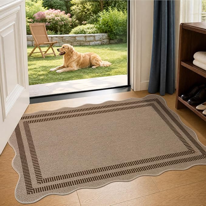 EDIMENS Easy Jute Rug Entryway Rug, 2x3 Front Door Mat Small Entryway Non-Slip Washable Area Rug, Low Pile Black Indoor Outdoor Farmhouse Scalloped Doormat for Entrance Entry Porch Doorway