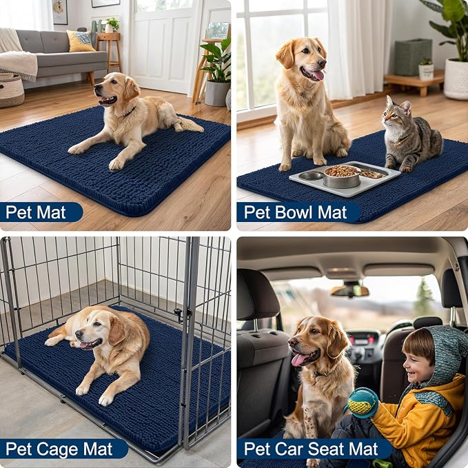 Smiry Dog Door Mat for Muddy Paws 44x32, Absorbent Dirt Trapper, Non-Slip Washable Chenille Entryway Rug for Inside Floor, Dark Blue, Classic Solid