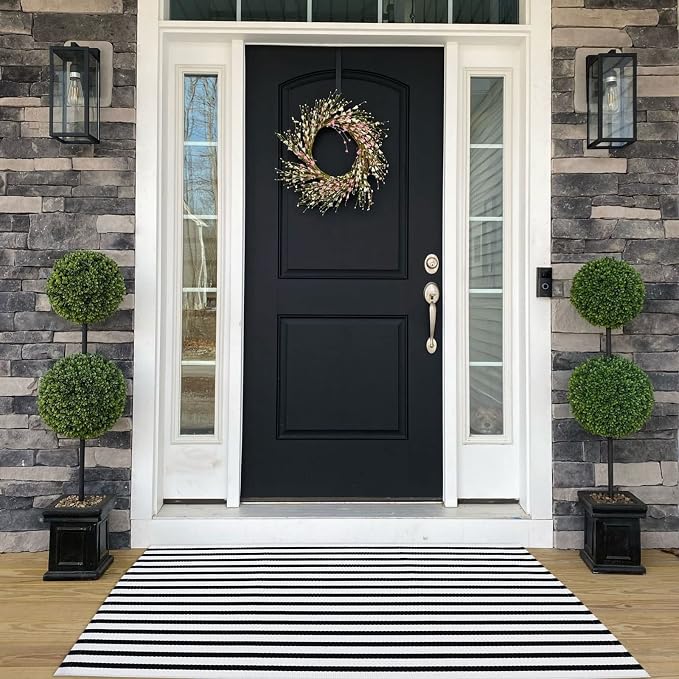 Bottalive Black and White Outdoor Rug 3' x 5' Striped Front Porch Rug Hand-Woven Cotton Rug Machine Washable Floor Mat Indoor/Outdoor Area Rug for Layered Door Mats/Farmhouse/Living Room (3' x 5')