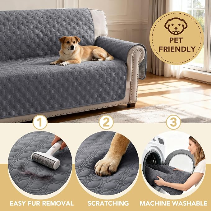 H.VERSAILTEX 100% Waterproof Chair Covers Armchair Triple Non-Slip Chair Covers for Living Room with Storage Pocket Washable Couch Protector for Dogs(Chair, Grey)