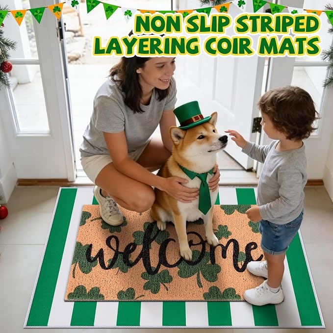 2 Pcs St. Patrick's Day Doormat Shamrock Pattern Welcome Door Mat Non Slip Coir Mat White & Green Striped Layering Mat for St. Patrick's Day Front Door Porch Entryway Decor 23.6 x 31.5 Inch