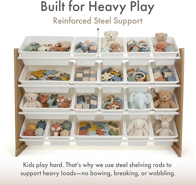 Humble Crew Kids Toy Organizer with 20 Bins, 4 Tier Storage for Playroom | Sturdy wood and steel toddler shelf, removable BPA-free containers, wall anchor anti-tip safety kit for bedroom or classroom
